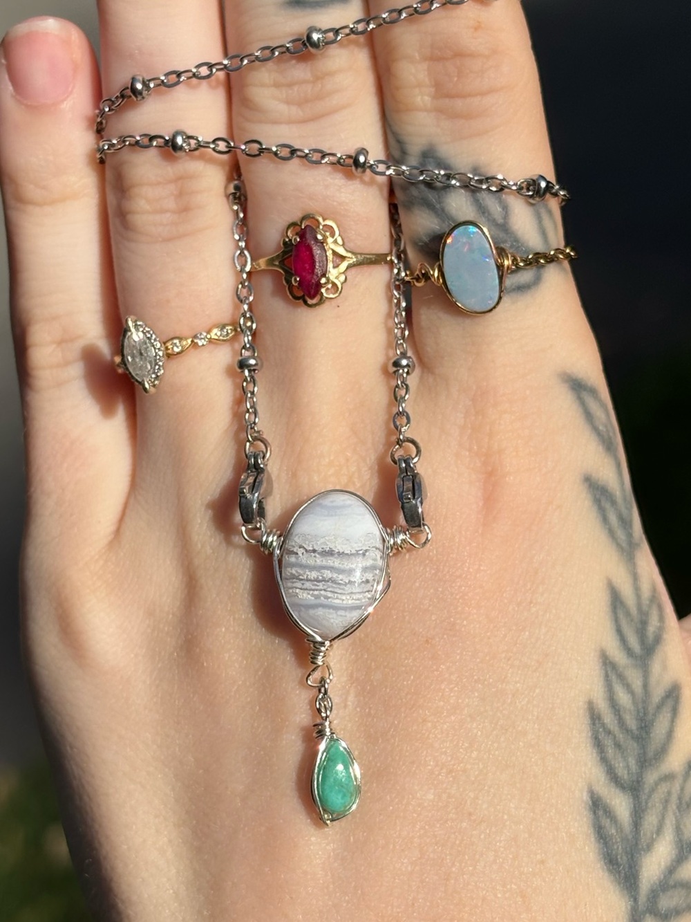 Blue lace agate and turquoise double dangle interchangeable necklace